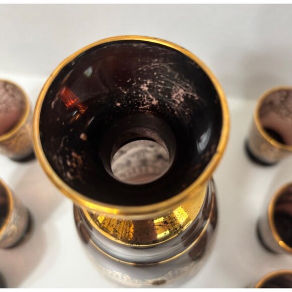 Vintage Decanter Cordial Set with 6 Shot Glasses Amethyst Purple and Gold Gilt - Picture 5 of 10